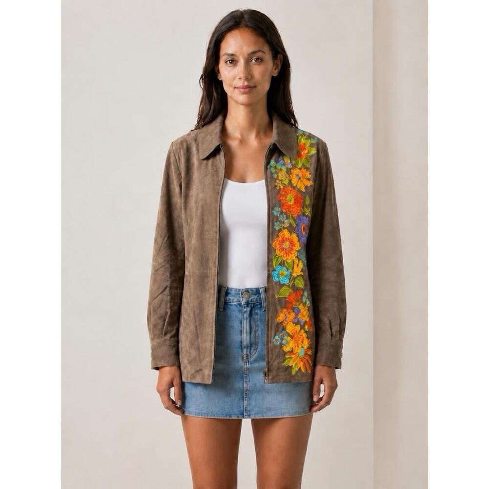 NWT Bob Mackie Wearable Art Leather Suede Jacket Embroidered Floral Brown Small